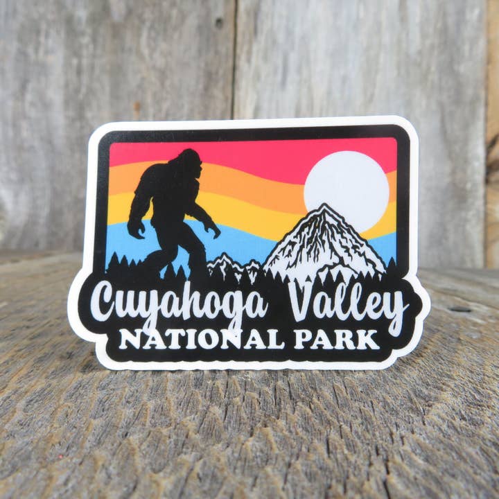 Cayahoga Valley National Park Bigfoot Sticker Ohio Retro Sunset Mountain Souvenir Waterproof for wholesale by Kirk's Krafts