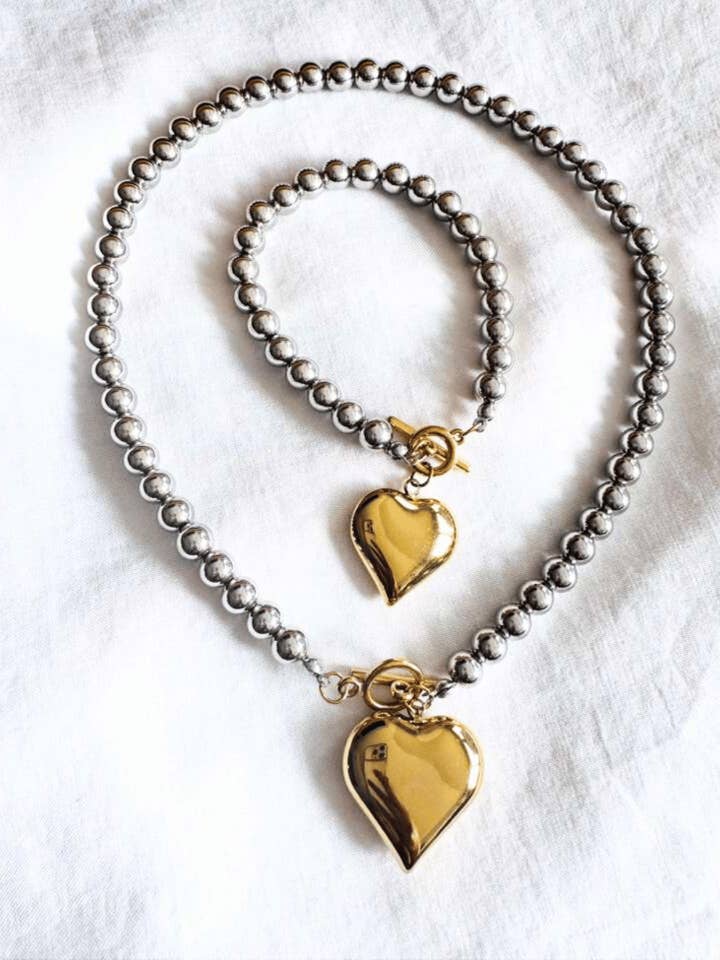 Valentine's Silver beaded Gold Charm Necklace & Bracelet Set-W for wholesale by Swaary