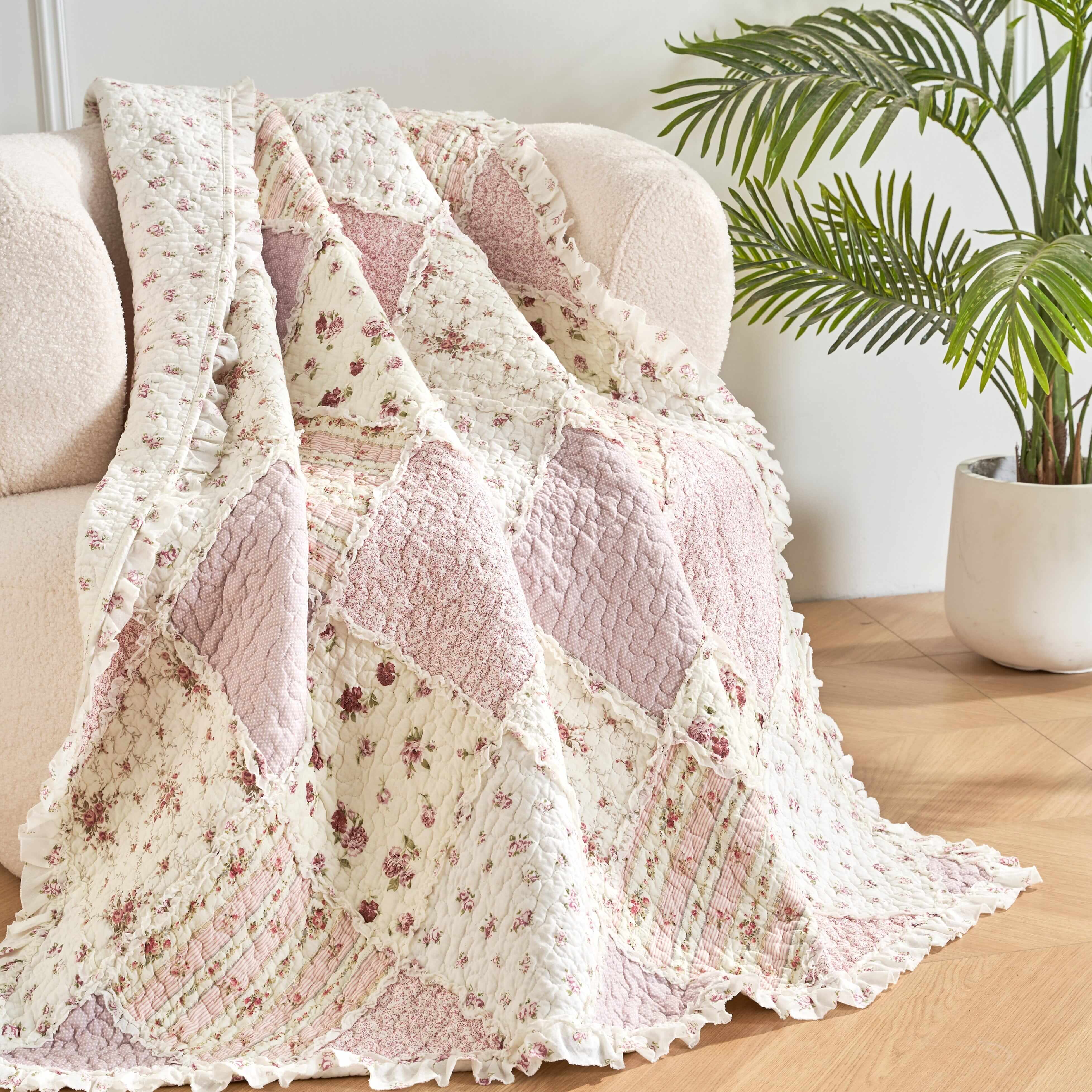 DaDalogy Bedding - Wholesale Throw Blanket - DaDalogy Cotton Patchwork Throw Blanket - Floral Cottage Quilted Reversible Blush Pink & Cream Shabby Chic Botanical Ruffle Design - Vintage Garden Rose Pastel Accents (3031)- 50 x 607