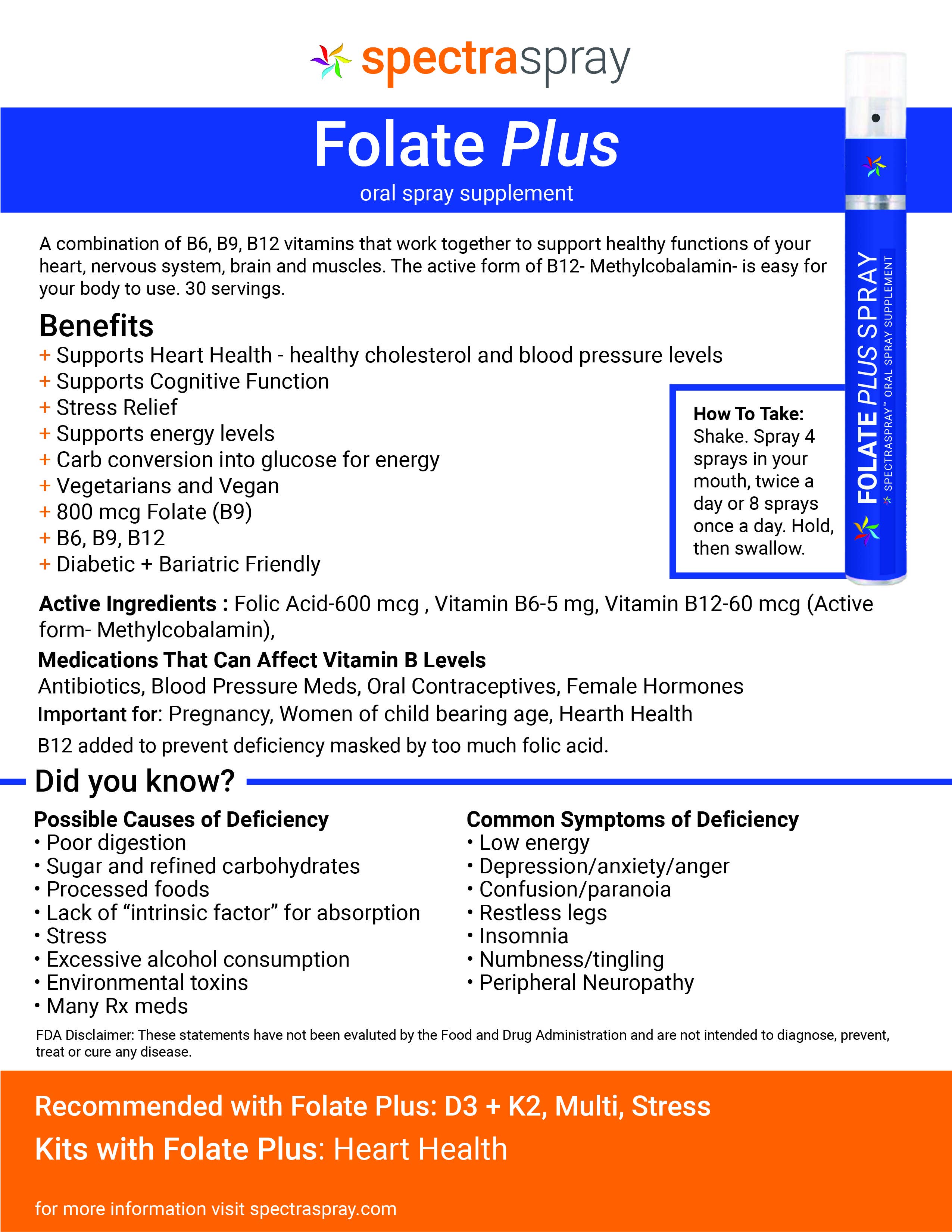 SpectraSpray Global - Vendita all'ingrosso Vitamine/integratori orali - Folate Plus Spray orale Vitamina - B6+ B9+ B126