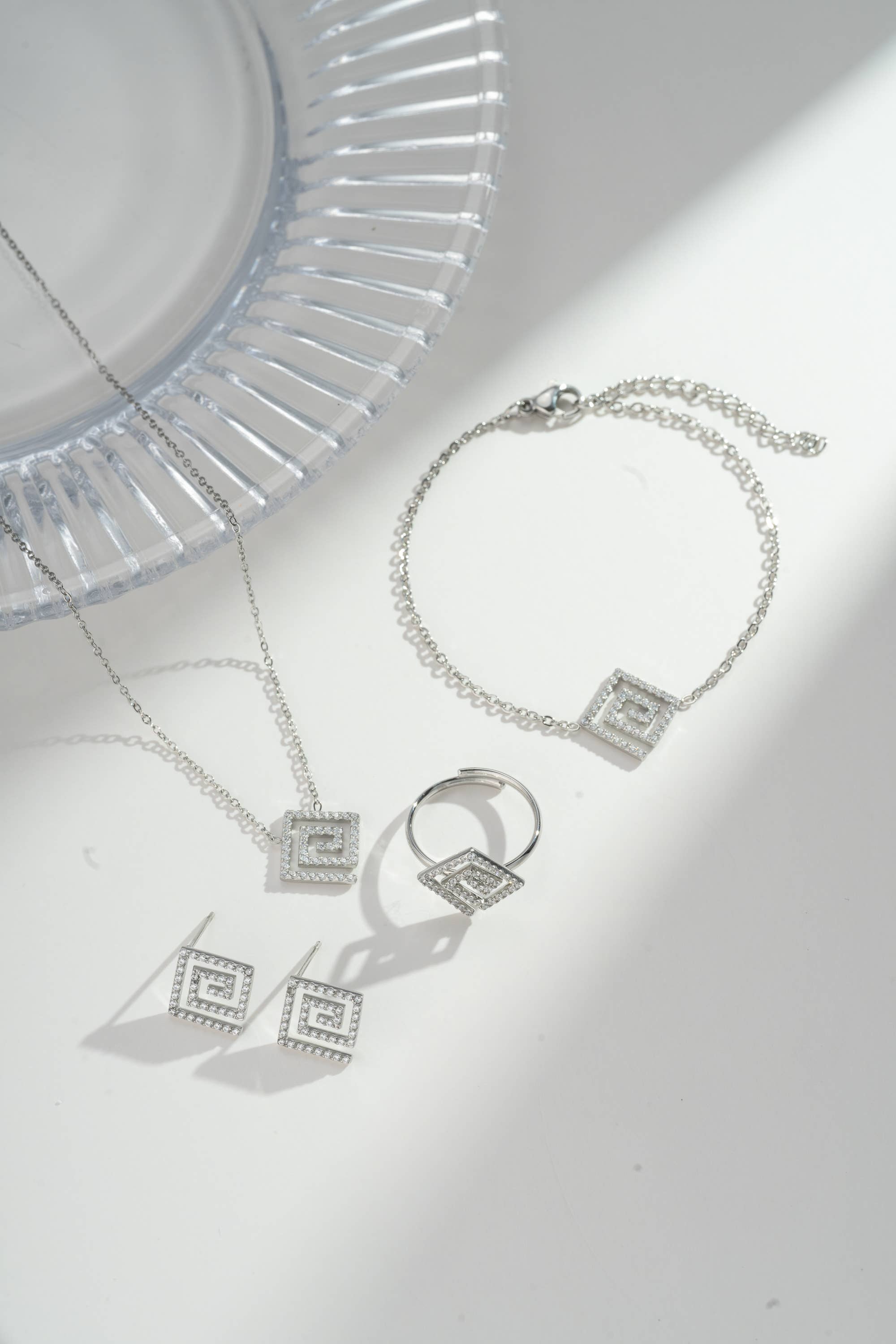 COSMOS – wholesale Jewellery set – Rectangular Spiral Crystal Set 4 Pieces Steel1