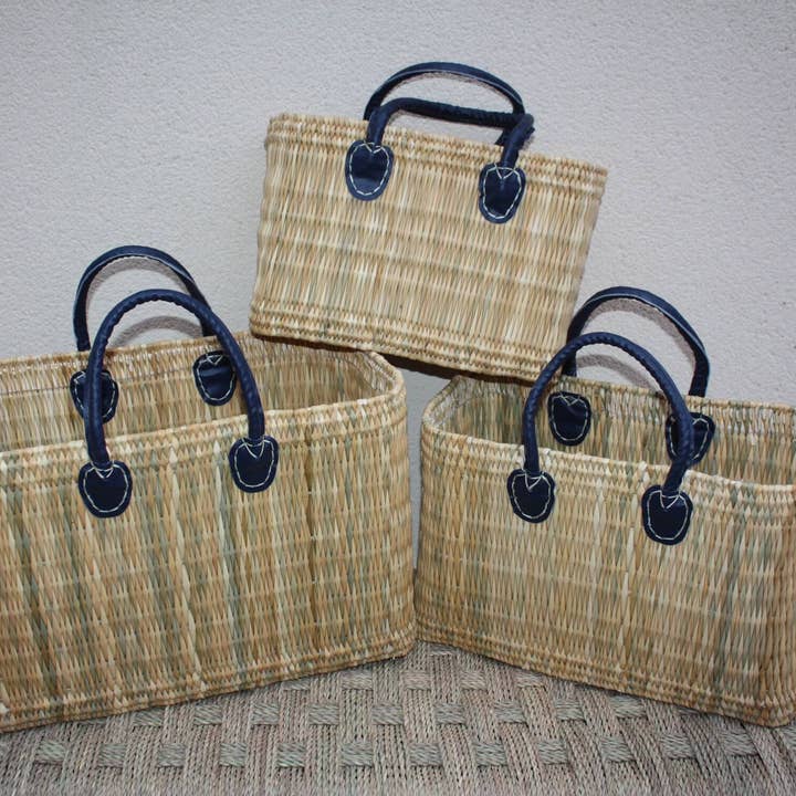 Natural & Blue Shopping Basket - Handcrafted in Rush - Wicker Rattan Market Bag - Moroccan Tote - 3 Sizes for wholesale by Boutique Huléti