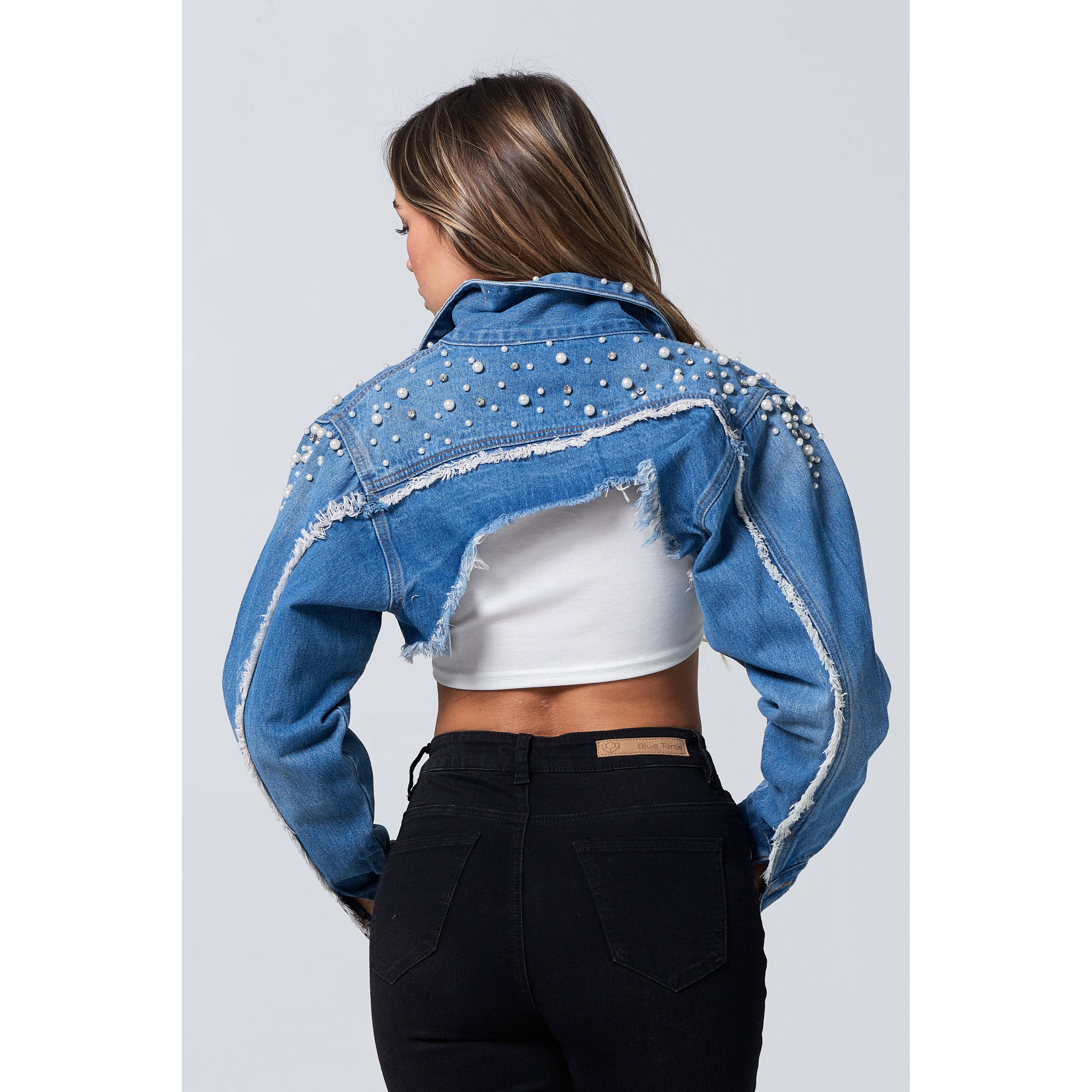 Blue Turtle - Wholesale Denim Jacket - Women's - Diamond Pearl and Rhinestone Super Crop Denim Jacket Light JK220715