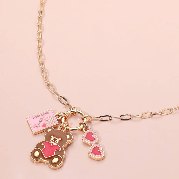 Double Heart Teddy Bear Postcard Charm Pendant Necklace for wholesale by Sensibling Corp.