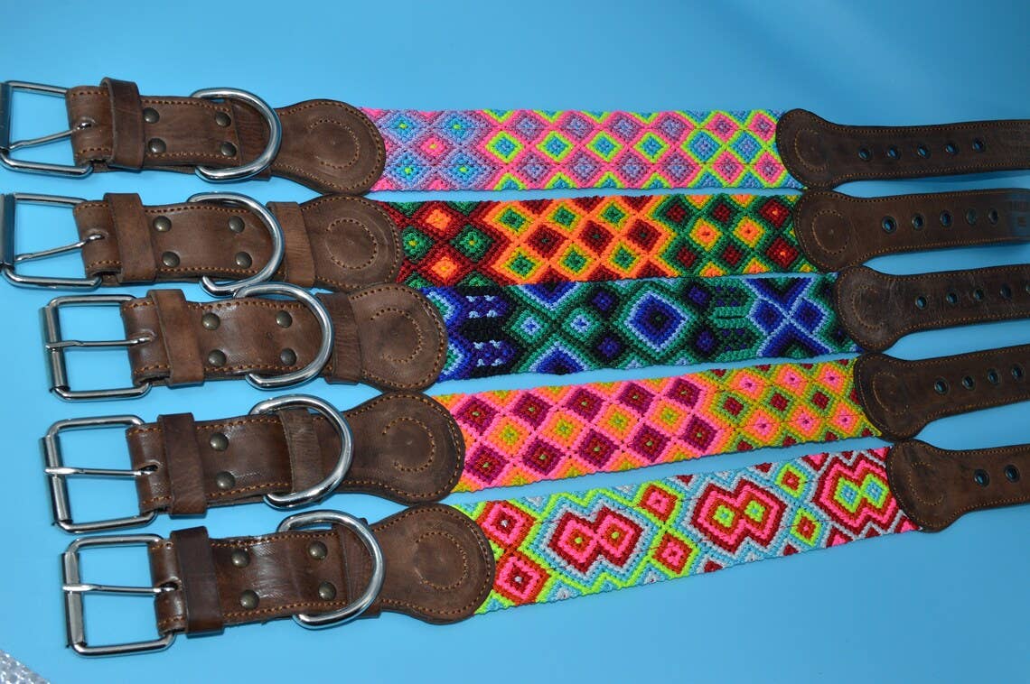 MyMexicanHome - Wholesale Halsband - Hond - L (42-49 cm) leren hondenhalsband met kleurrijk gebreid boho design2