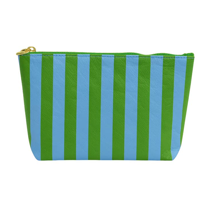 Preppy stripe pouch + cosmetic bag blue & green tyvek for wholesale by Aspen Lane