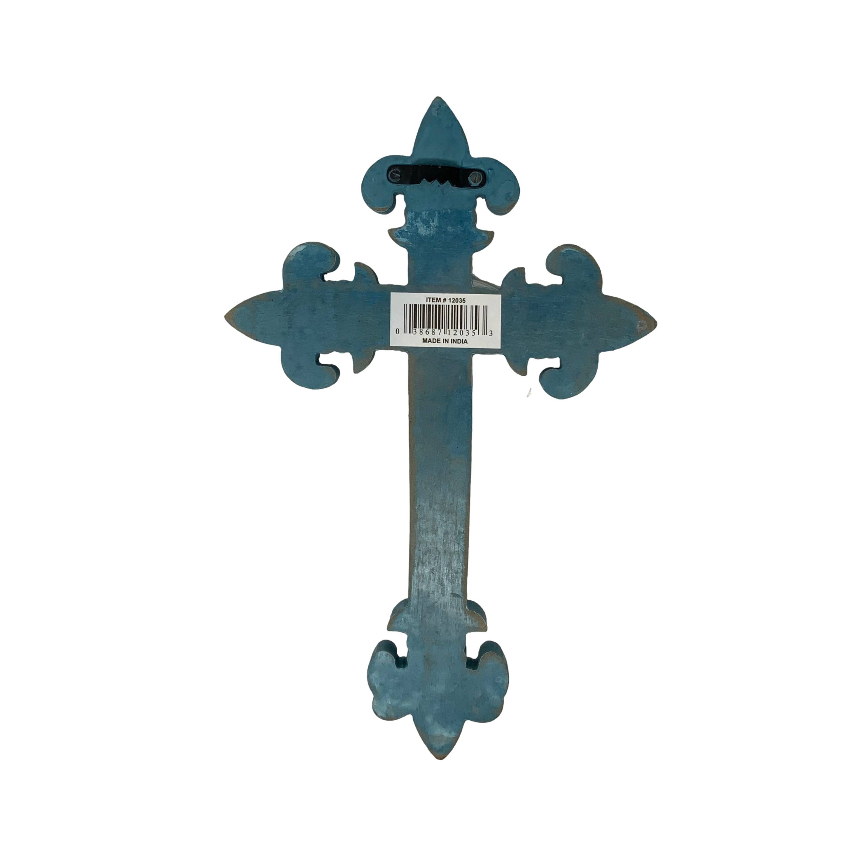 Wilco Home – Cruz de parede por atacado – Cruz de parede de madeira entalhada à mão Chartres com acabamento rústico em turquesa4