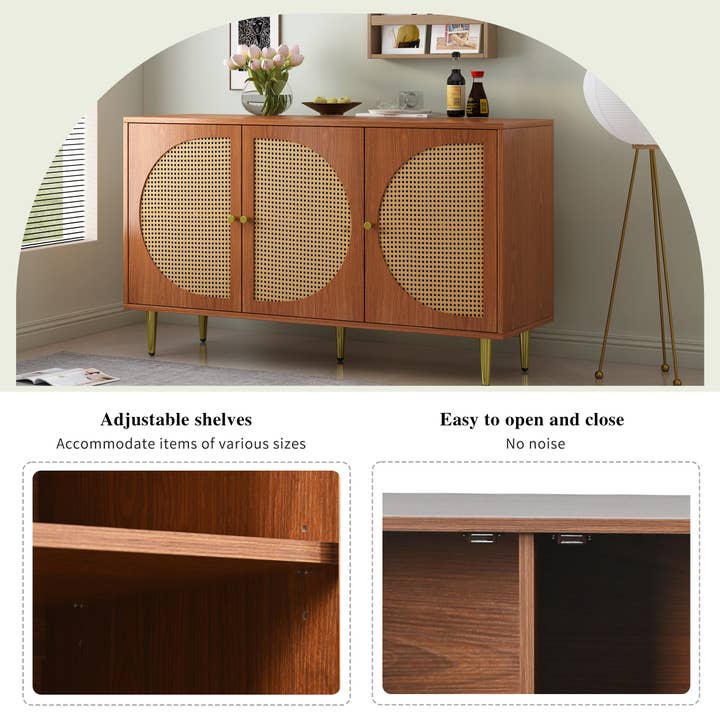 Urban Meuble - Wholesale Sideboard - Walnut wood effect sideboard with 3 rattan doors, golden handles and legs 129.8x40x76cm OMOILL5