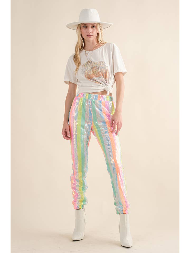 34007P - Rainbow Sequin Mid Rise Elastic Waist Jogger Pants for wholesale on Faire4