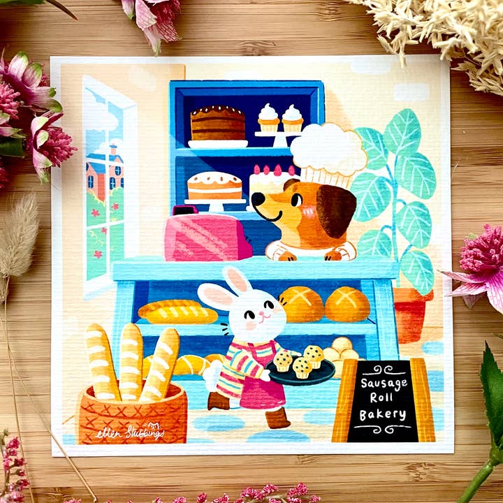Sausage Dog Bakery Art Print for wholesale by Ellen Stubbings Illustration
