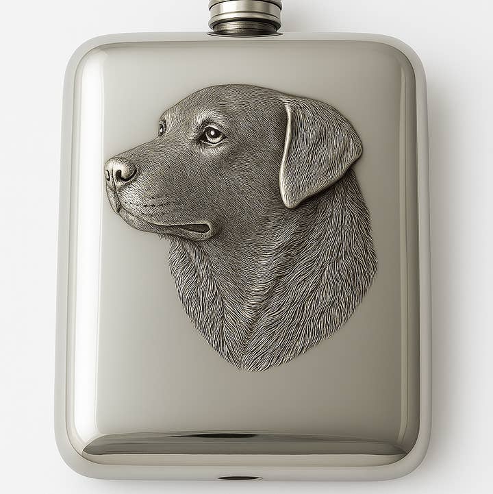 Corbell Silver - Wholesale Flask - Labrador Head English Pewter Flask 6oz. SKU #: C1046.0