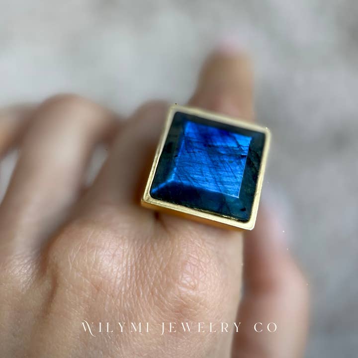 WILYMI Jewelry Co - Wholesale Cocktail/Statement Ring - PRESENCE Labradorite 20mm Square Cut | 24k GF | Adjustable8