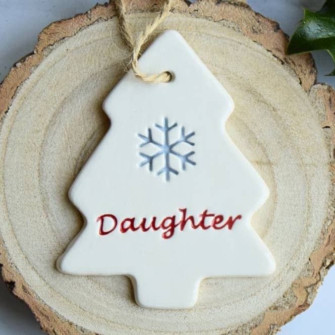 Christmas - Daughter - Handmade ceramic tree decoration for wholesale by Broadlands Pottery