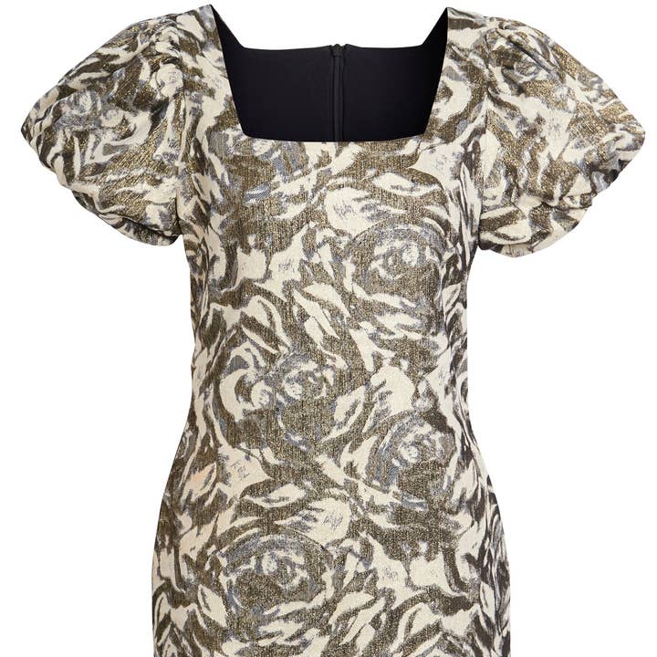 Susie - Golden Floral Puffed Cap Short Sleeve Dress for wholesale by SARVIN