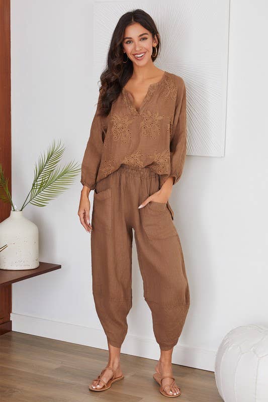 VENTI6 - Vendita all'ingrosso Pantalone - Donna - PANTALONI HAREM IN LINO CON VITA ELASTICA E ORLO CURVO (4468)12