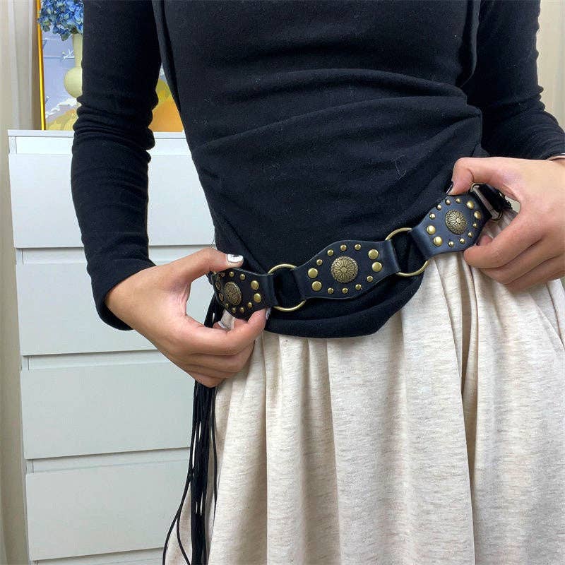 Dipped Shop - Wholesale Belt - Women's - Vintage Studed Metal String Leather Belt DPWB03204