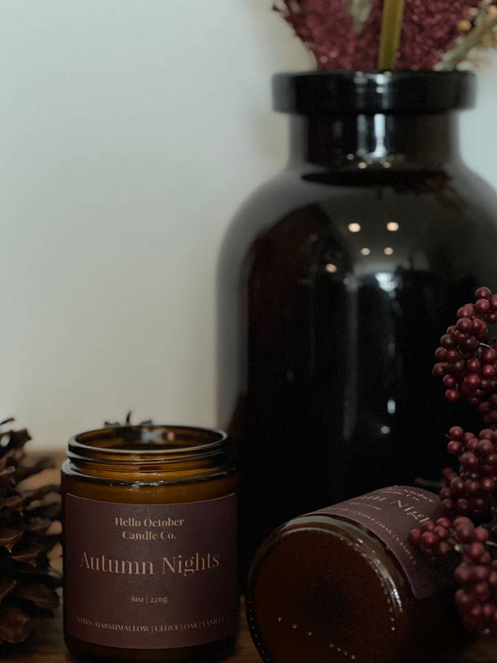 Autumn Nights - 8oz Soy Wood Wick Candle for wholesale by Hello October Candle Co.