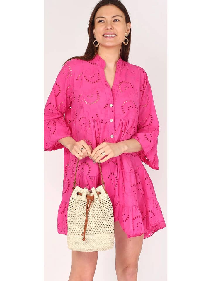 LOOWIE - Wholesale Dress - Women's - 980 One Size English Embroidered Short Dress Billowy Sleeves1