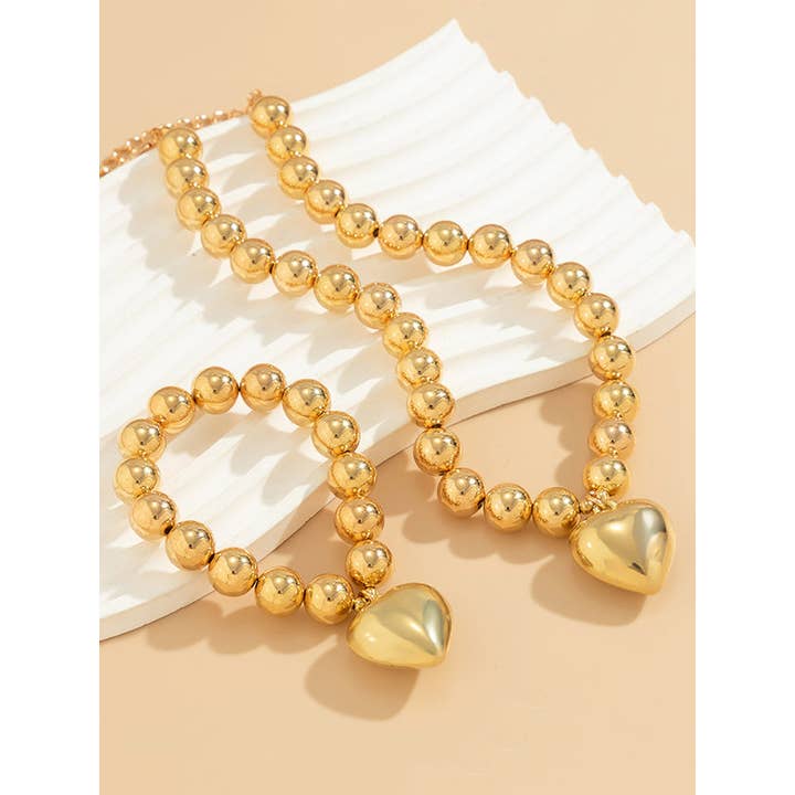 ginghamandposh - Wholesale Jewelry Set - Beaded Heart Shape Shiny Bracelet and Dainty Necklaces