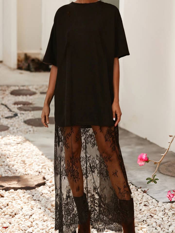 LDC High Waist Patchwork Short Sleeve Lace Dress for wholesale by Little Daisy Closet