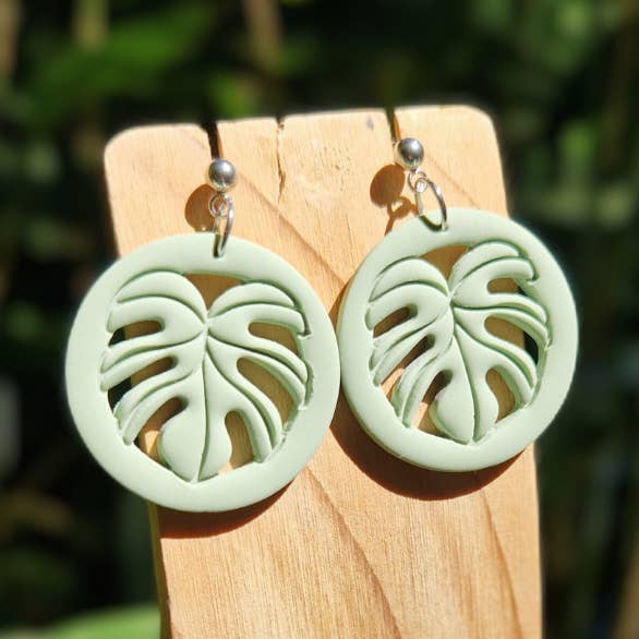 Handmade Polymer Clay Circle Framed Monstera Drop Studs for wholesale by Green Grove Designs