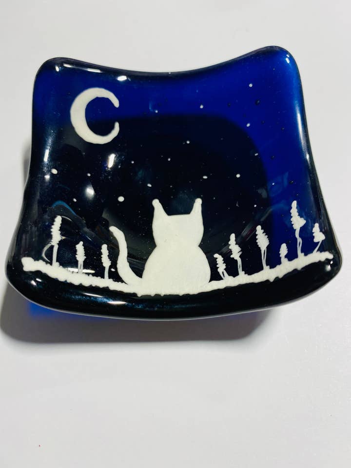 Moon Cat deep dish / TeaLight candle holder for wholesale by Ally Glass Studio