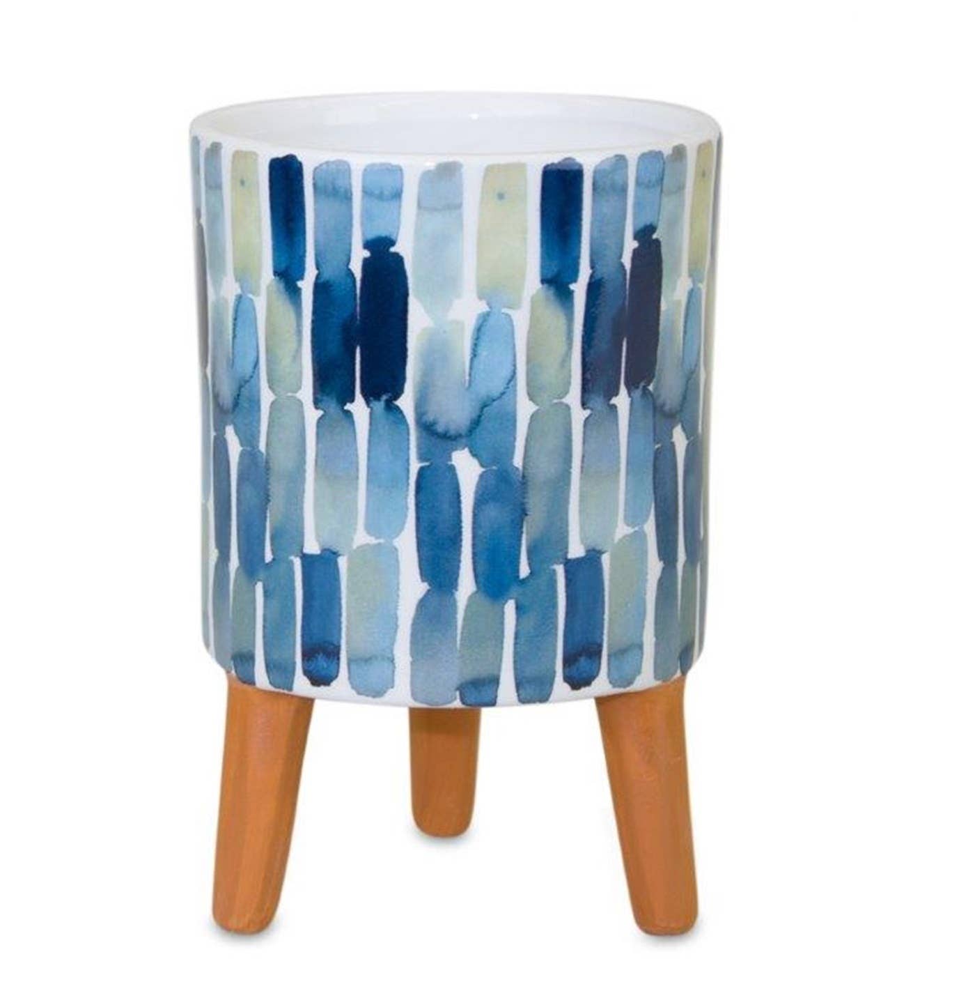 HomeRoots - Vente Pot pour plante d'intérieur - Ensemble de deux pots de fleurs ronds surélevés en céramique blanche et terre cuite bleue de 2 onces3