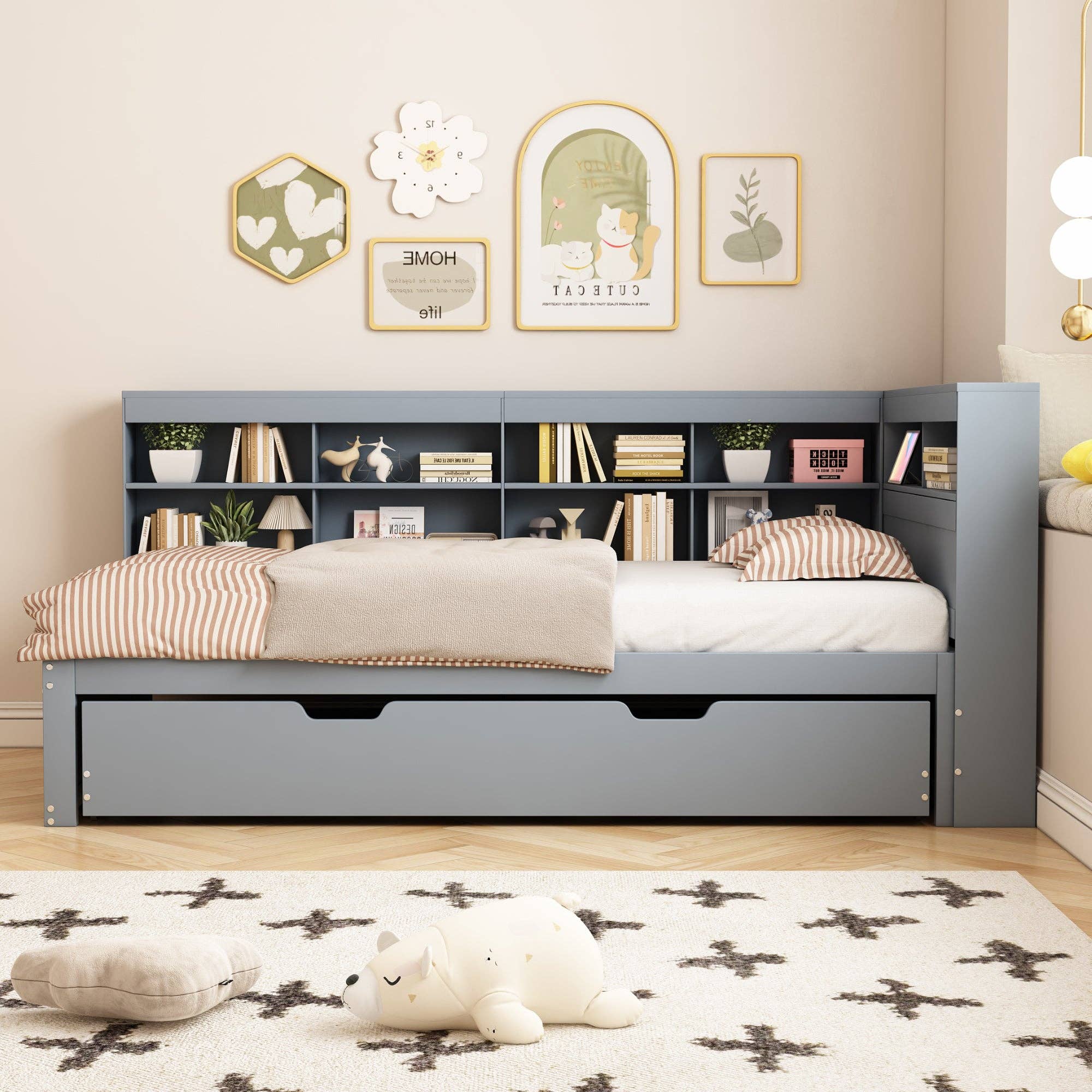 Urban Meuble - Wholesale Bed - Solid wood trundle bed gray 90*200 with USB port and multiple storage GIRCAET15