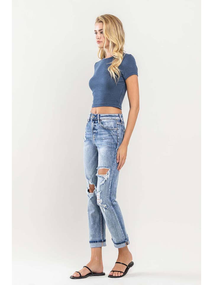 GLAMOROUS HIGH RISE PAINT SPLATTER CUFFED BOYFRIEND JEANS V2787 for wholesale on Faire