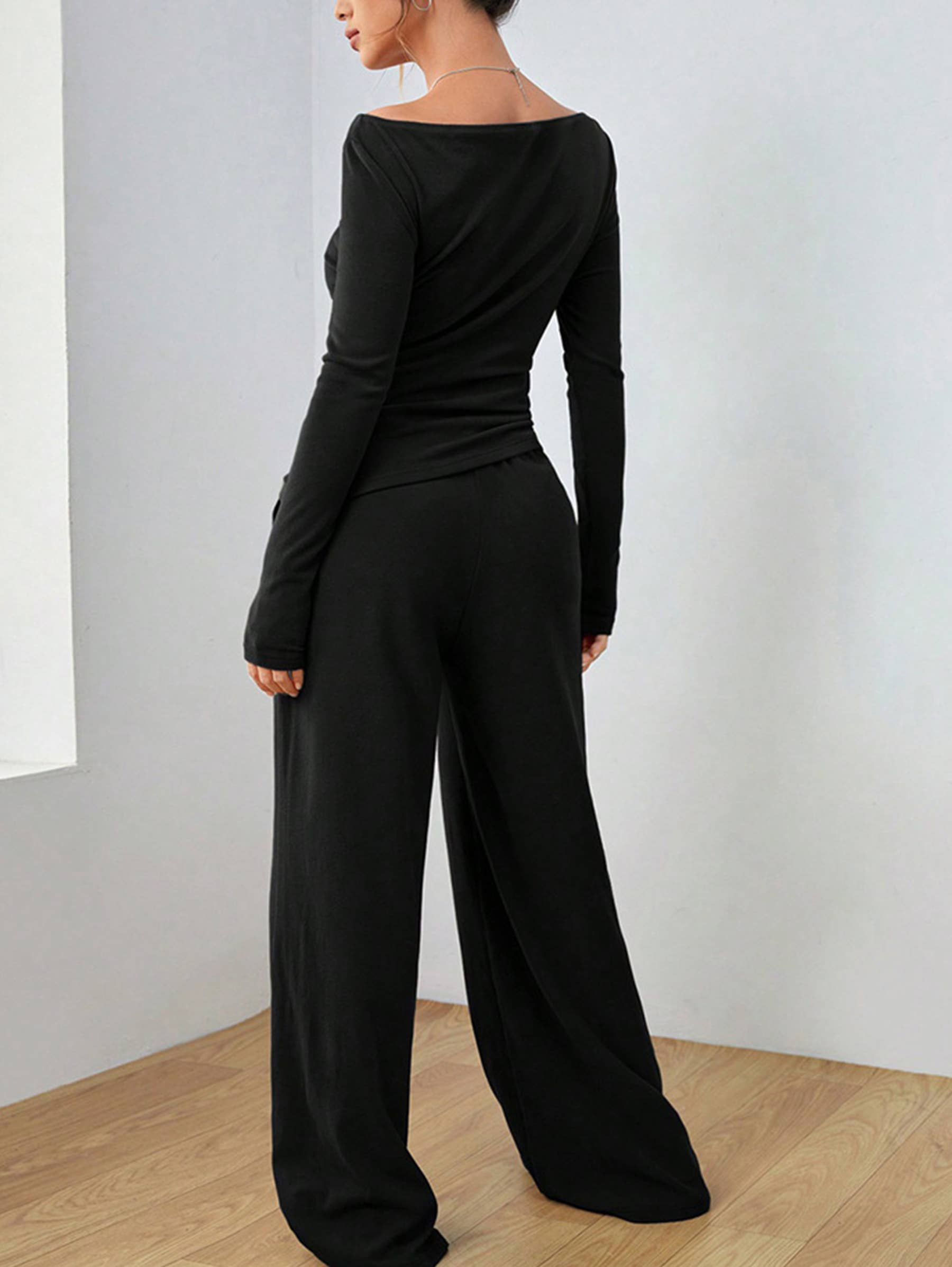 Wholesalesir - Vente Ensemble haut et pantalon (PAS d'intérieur) - Femme - Ensemble deux pièces avec haut uni et pantalon à jambes larges3