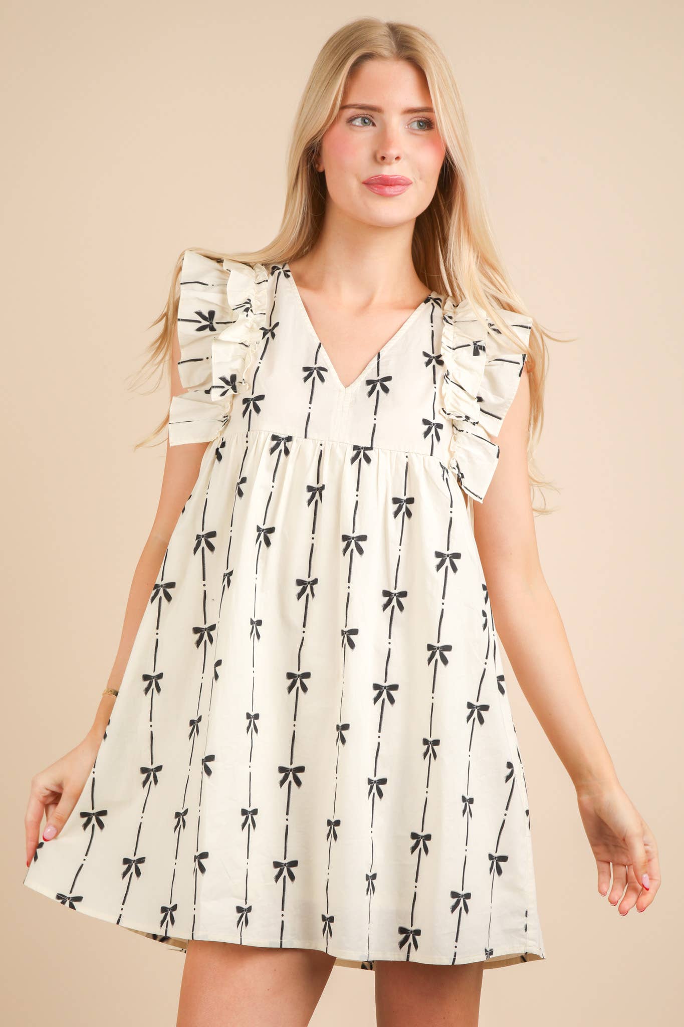 VERY J - Wholesale Dress - Women's - ND31668-Bow Printed Sleeveless Mini Dress11