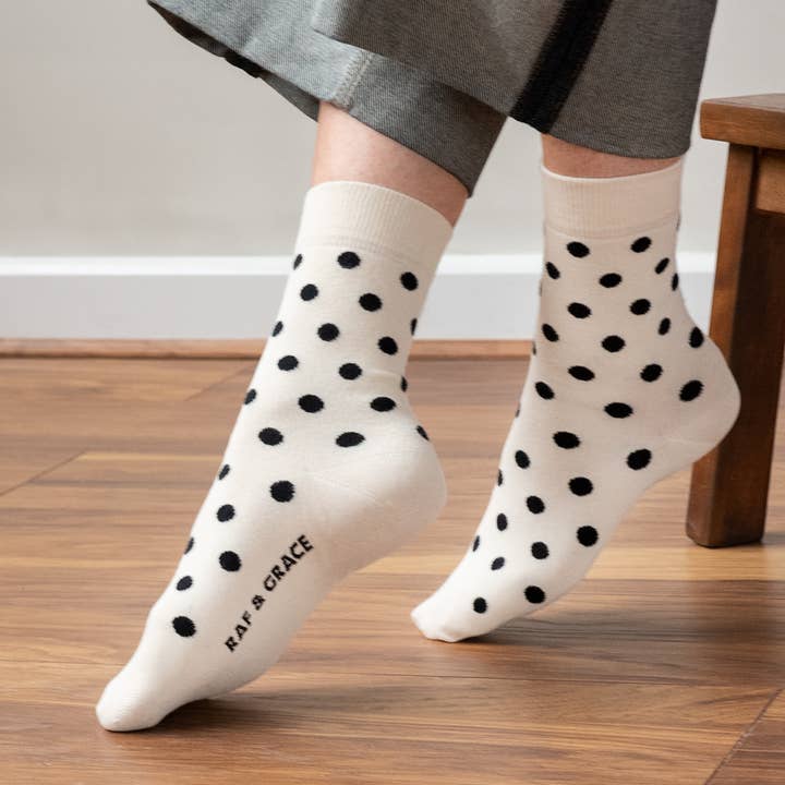 Ecru/Black Polka Dot Luxe Cotton Socks for wholesale by Raf & Grace