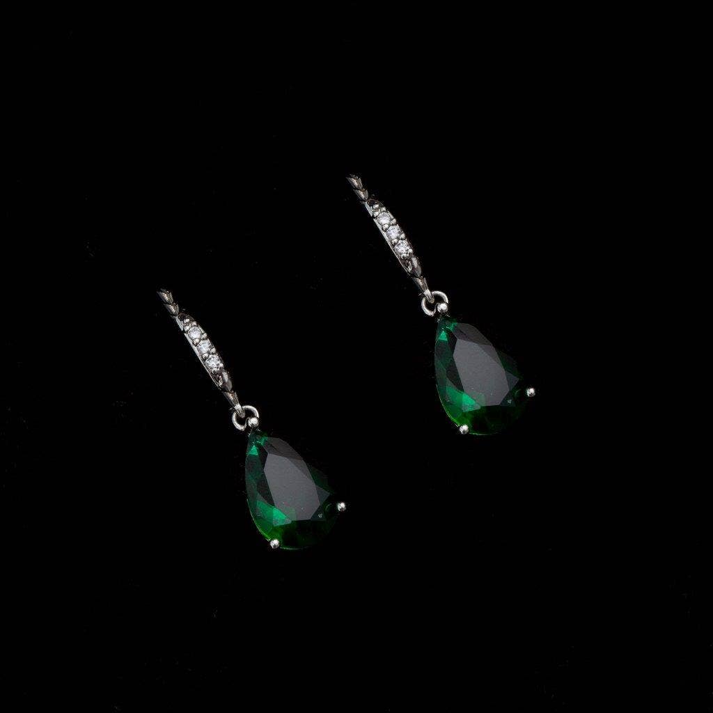 Cool Crystals - Wholesale Dangle Earrings - Silver Emerald Green Cubic Zirconia Teardrop Earrings