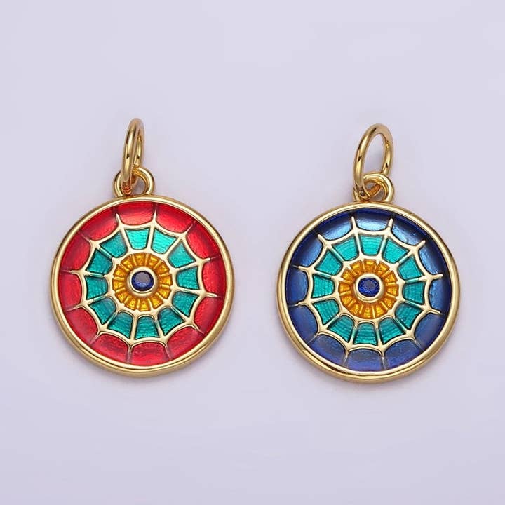 14K Gold Filled Red, Blue Multicolor Spider Web Evil Eye Round Charm | AG525 AG526 for wholesale by Aim Eternal