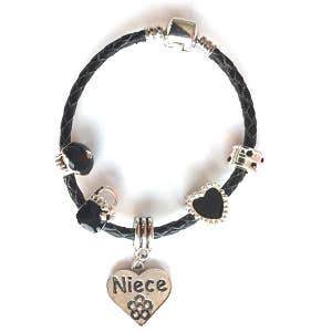 Children's Niece 'Simply Black' Silver Plated Black Leather Charm Bead Bracelet for wholesale by Liberty Charms