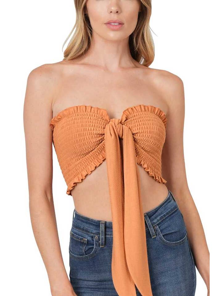 Vanilla Monkey - Wholesale Blouse - Women's - Soft French Terry Smocked Tie Front Tube Top