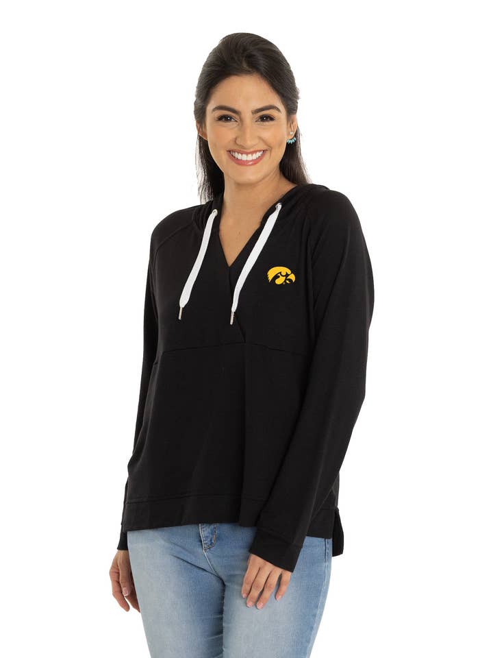 Iowa Hawkeyes Christine Cross Front Hoodie for wholesale by Flying Colors Apparel