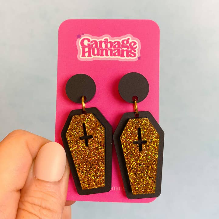 Black Outline Coffin Earrings for wholesale by Garbage Humans