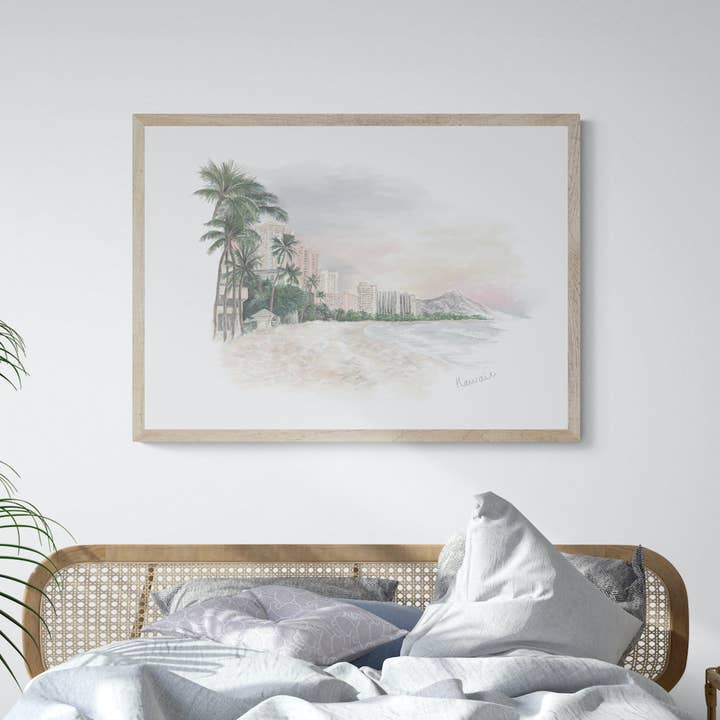 Waikiki Beach Art Print for wholesale by E J Wood Watercolours
