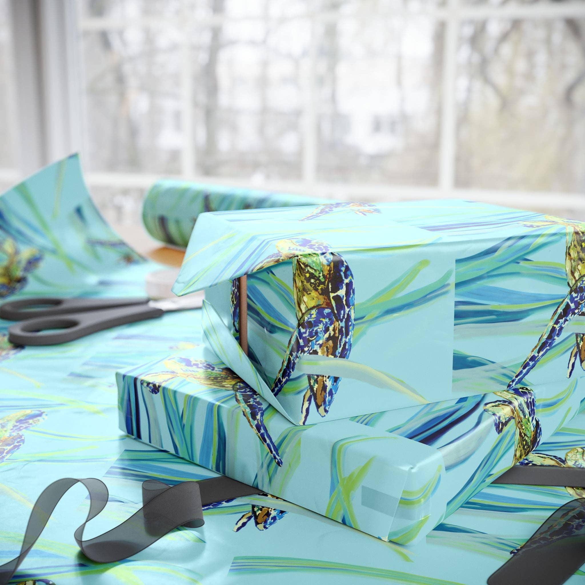 Blue Cava - Wholesale Flat Wrap - Swimming Sea Turtle Wrapping Paper9