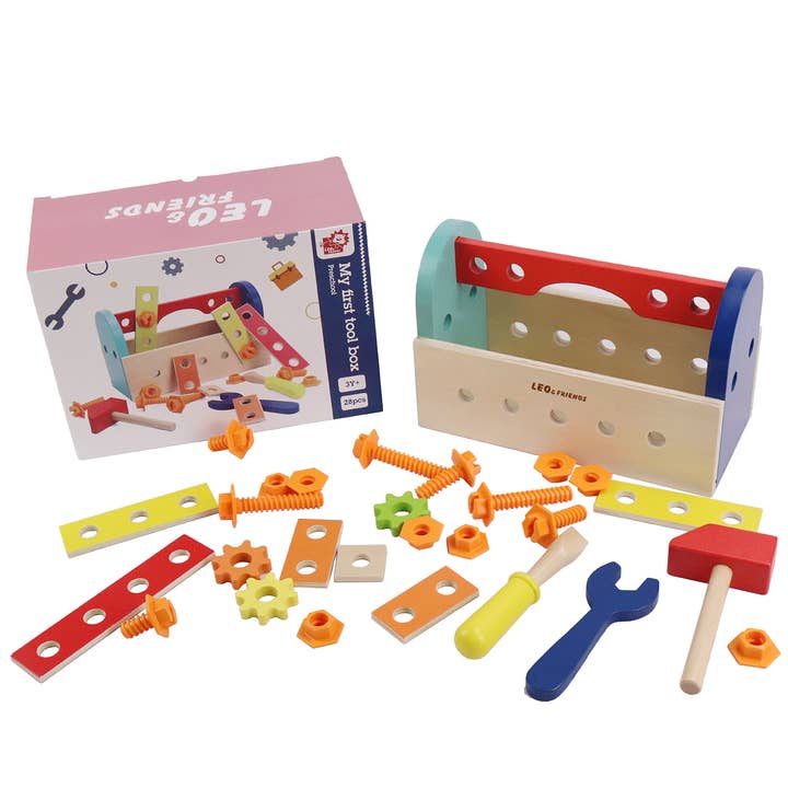 L&F ‘My First Tool Box’ Kit of 28 Wooden Pieces for wholesale by Leo & Friends