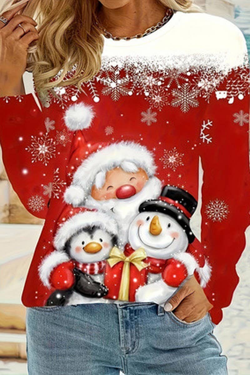 RED CWOSWL07611_SNOWMAN CHRISTMAS LONG SLEEVE KNIT TEE for wholesale on Faire2