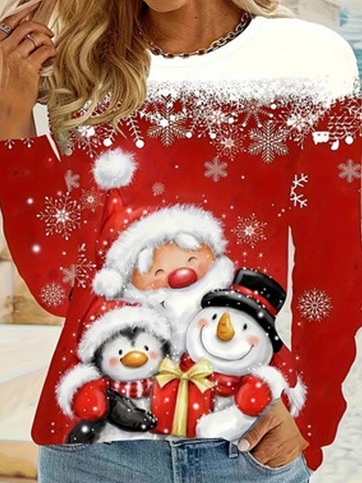 RED CWOSWL07611_SNOWMAN CHRISTMAS LONG SLEEVE KNIT TEE for wholesale on Faire2