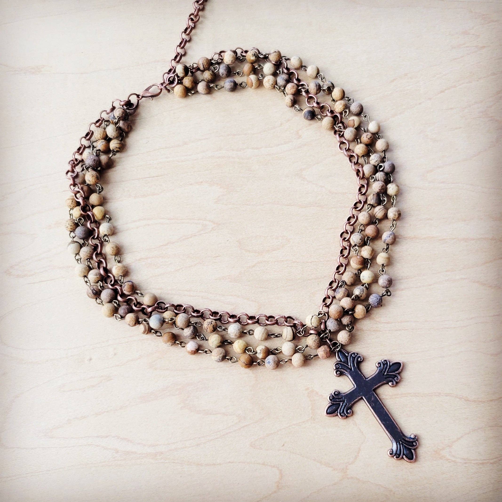 The Jewelry Junkie - Wholesale Pendant/Charm Necklace - Picture Jasper Beaded Collar Necklace w/ Cross Pendant 261b0