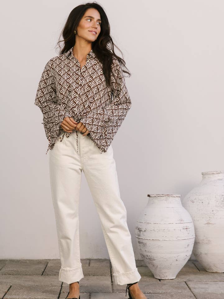 BECASA - Wholesale Button Down Shirt - Women's - Sail Button-Up - Chocolate Flora