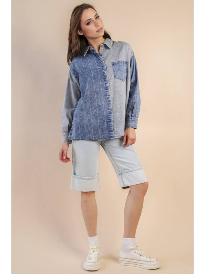 VERY J - Wholesale Button Down Shirt - Women's - NT12282-Mineral Washed Colorblock Striped Shirt Top4