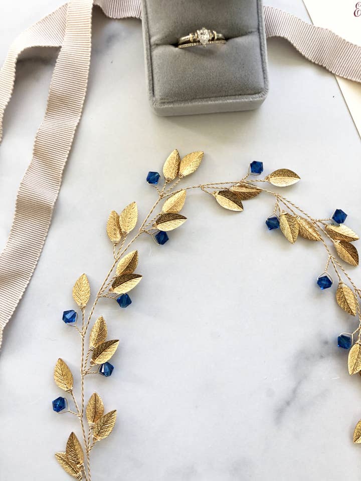 Something Blue Bridal Hair Wreath | GOLD & BLUE Feather Date Night Hair Vine, Festival Braid Vine for wholesale by Sweet Olive Hairpieces