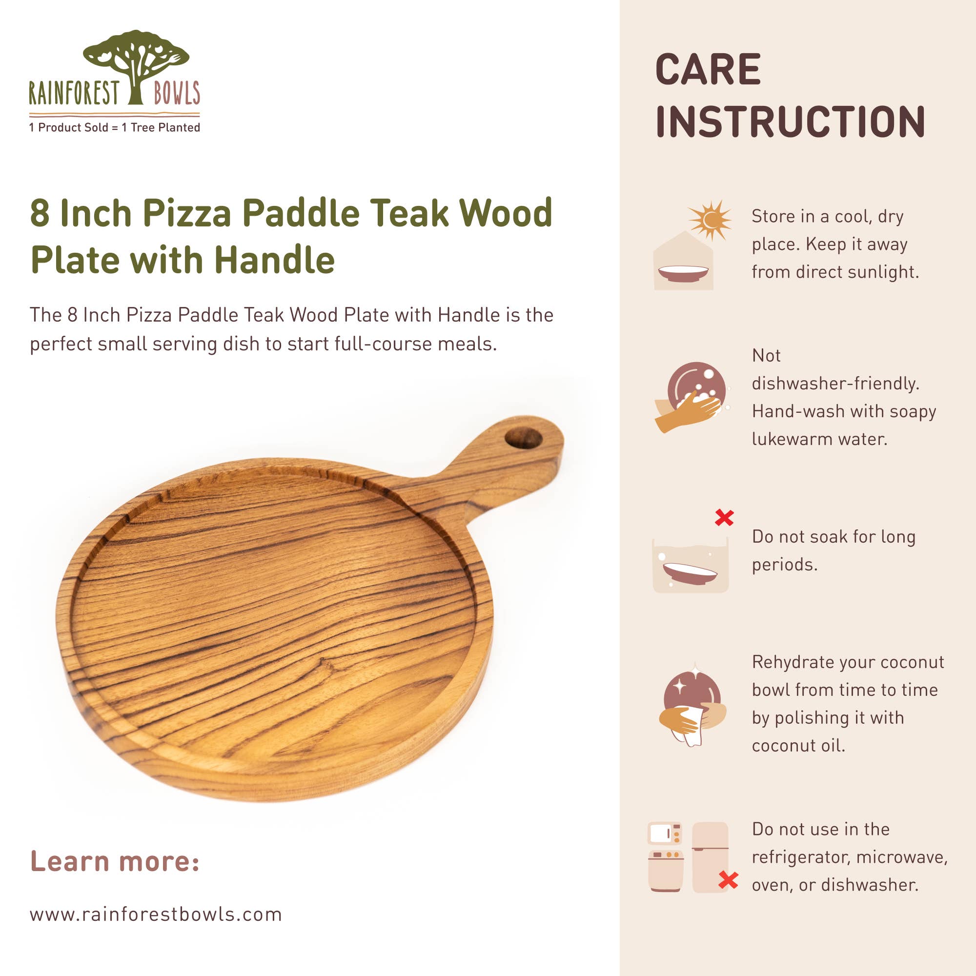 Rainforest Bowls - Wholesale Pizza Board - 8 Inch Teak Wood Pizza Board with Handle & Rim9