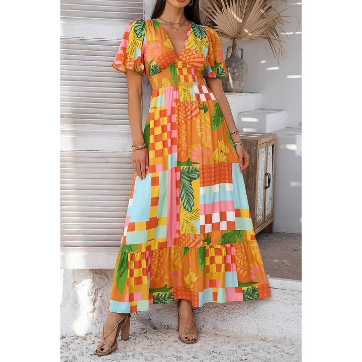 Elings - Wholesale Dress - Women's - Allover Print Deep V Elastic Waist Band Maxi Dress7