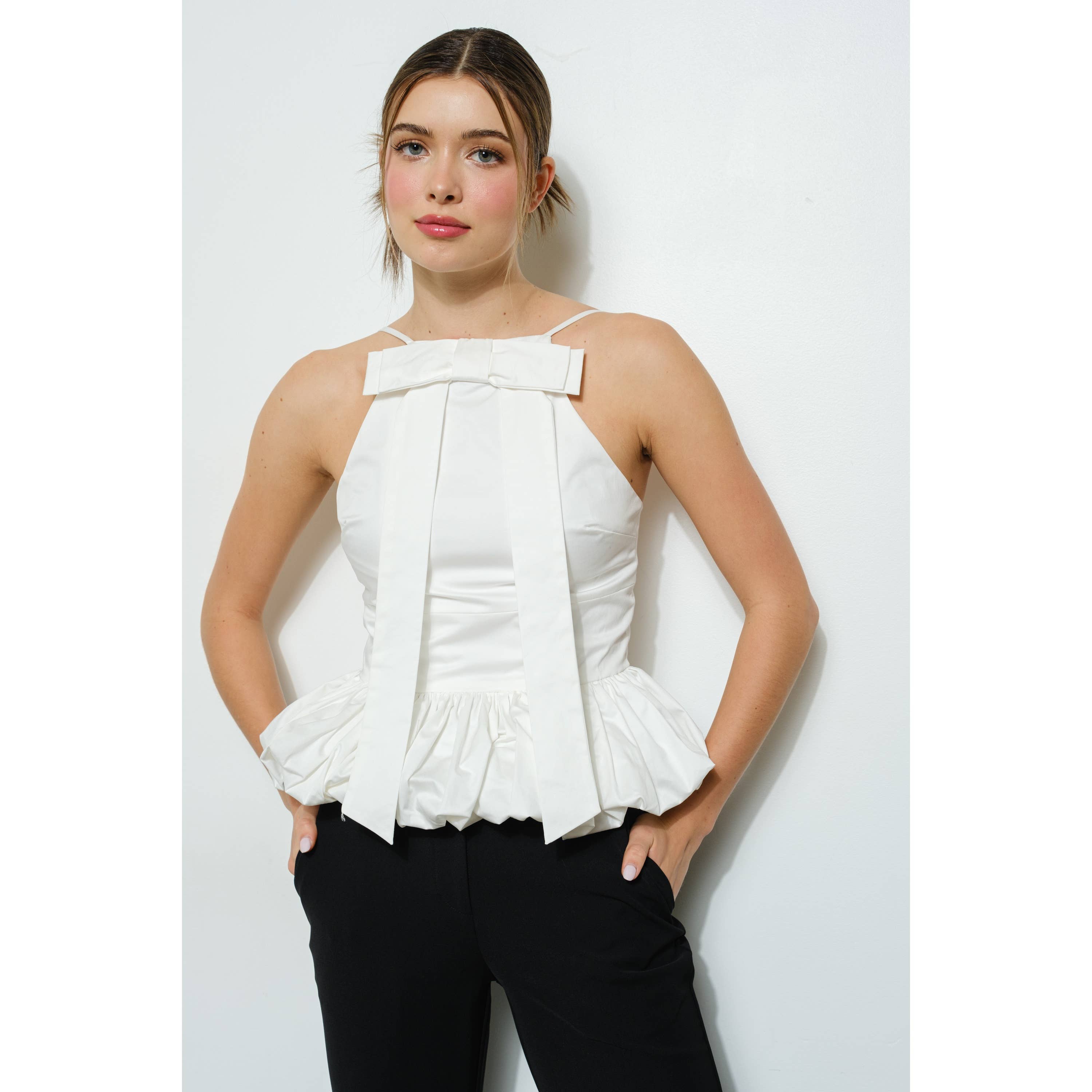 INA – Engroshandel Bluse - Dame – Ærmeløs top med sløjfedetalje foran og boblekant2